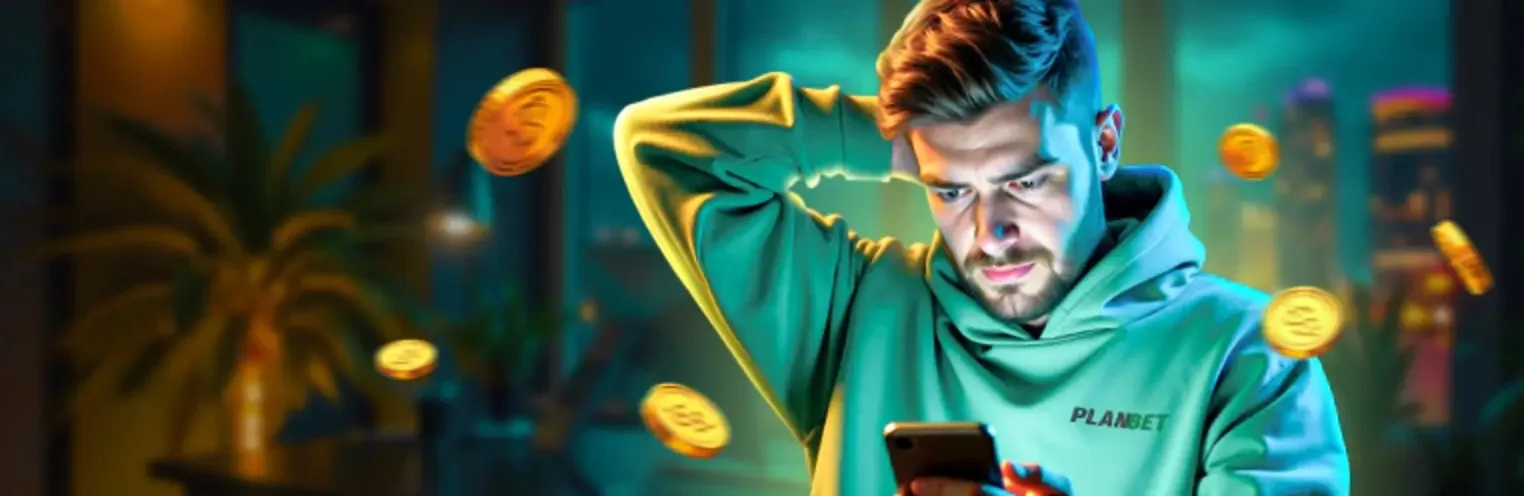 Jugador mirando el móvil entre monedas, arte de Planbet
